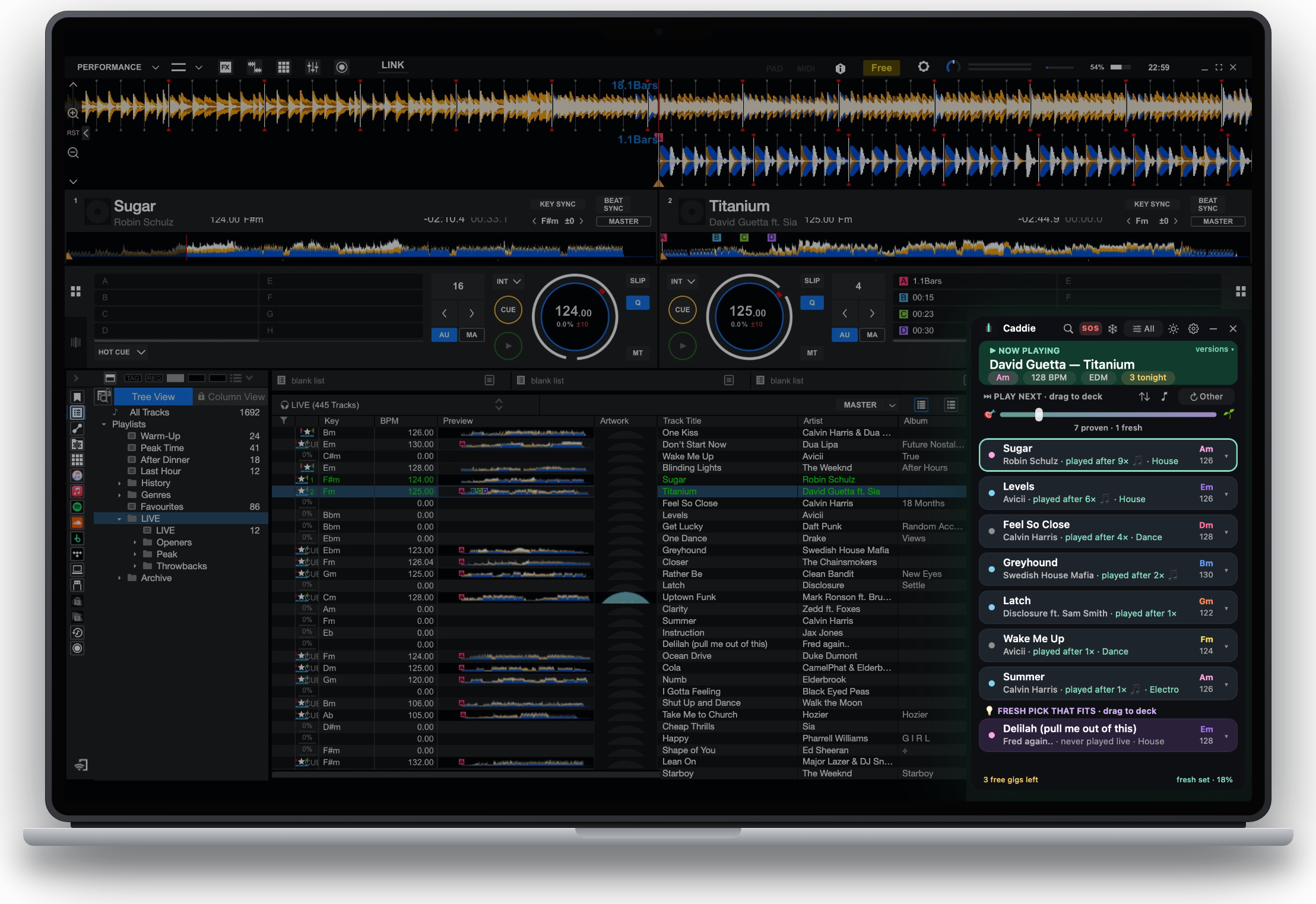 A MacBook running rekordbox with two decks loaded and the full library, and the Deck Caddie panel floating at the right of the screen: the track playing now, the next suggestions with their artist, why each is suggested, key and BPM, and one fresh pick at the bottom.